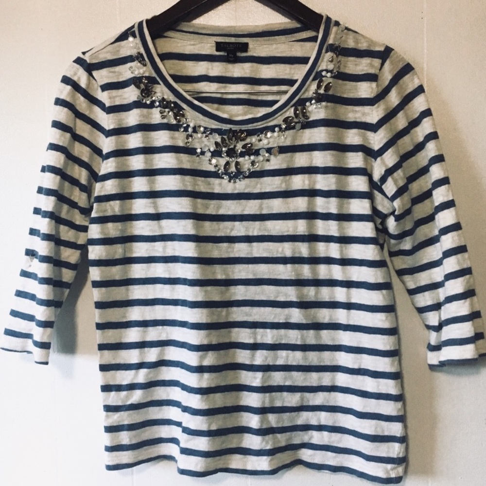 Talbots Striped Embellished 3/4 Sleeve Cotton Top M